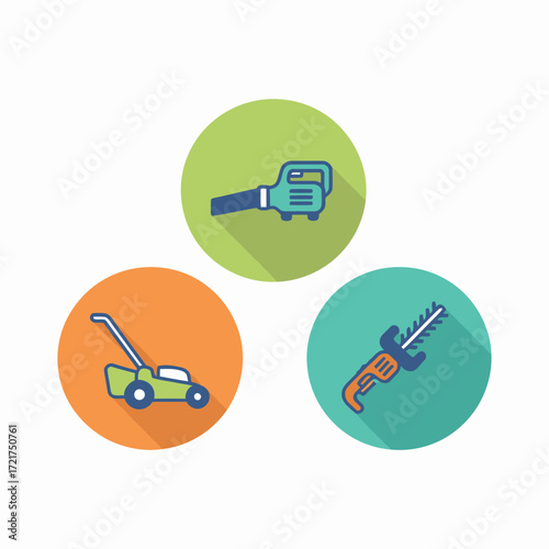 Gardening tools arranged on colorful circles representing lawn care equipment and maintenance, showcasing a clean and modern aesthetic.