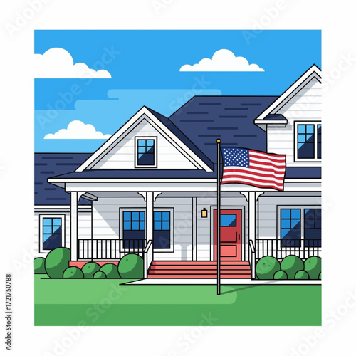 Patriotic concept of a classic American suburban home with a United States flag waving proudly on a sunny day