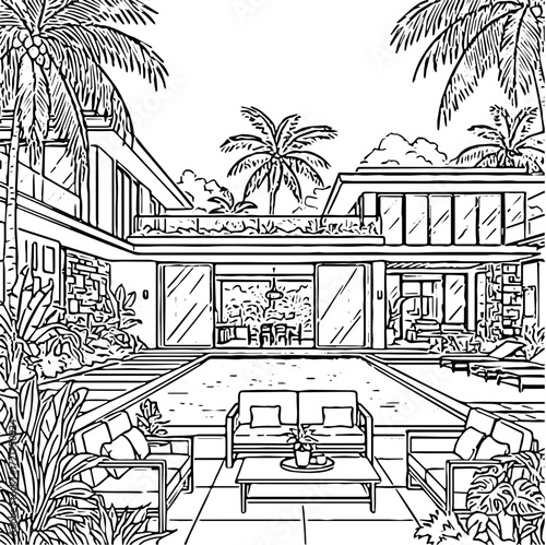 Serene coloring page featuring a luxurious modern villa with a private swimming pool, patio furniture, and lush tropical palm trees