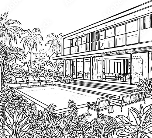 Line art illustration of a modern luxury house with a swimming pool and tropical garden, perfect for a relaxing coloring page activity