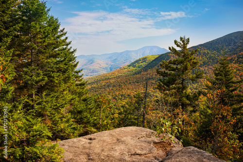 Autumn day showing leaves seen from  Indian Head overlook at Adirondack State Park, NY