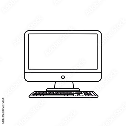 A flat vector icon displays a computer monitor and mouse for desktop pc hardware and technology used in an office business workstation