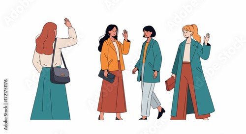 Four stylish women in coats waving with handbags and fashionable outfits.