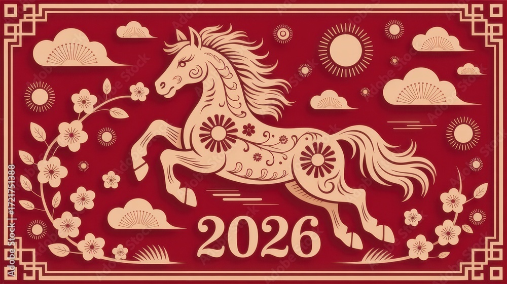 Obraz premium Festive chinese new year 2026 year of the horse illustration featuring a horse, flowers, clouds, and sun against a red background