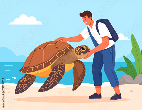 A man gently interacts with a large sea turtle on a sunny beach, showing affection.