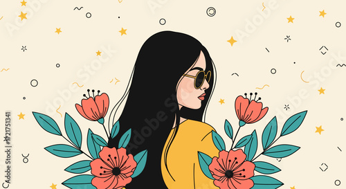 Illustrated woman with sunglasses black hair yellow top and coral flowers.