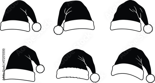 Black Santa hats collection in various festive styles with white trim and pom‑pom, Christmas holiday vector illustration for seasonal design