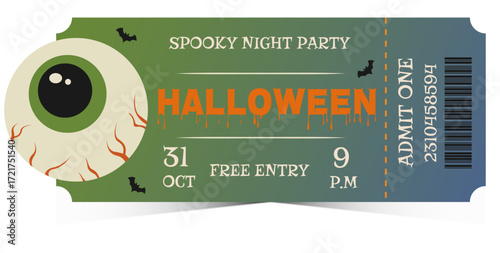 Halloween spooky night party invitation ticket vector with scary eyeball illustration, dripping horror text, bats, barcode, free entry pass design October 31 celebration, creepy event flyer template