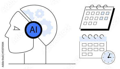 Human head with AI and gear visuals alongside calendars and clock illustrating automation, planning, and efficiency. Ideal for technology, time management, AI integration, task scheduling, workflow
