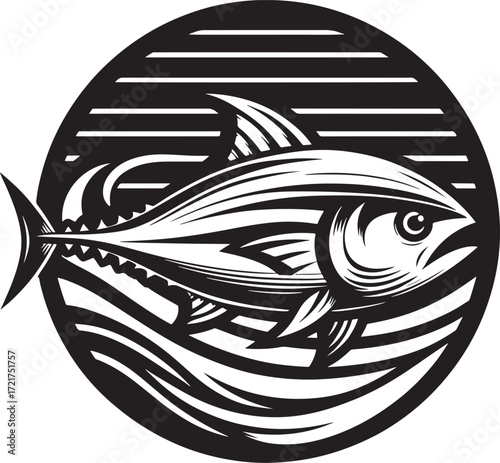 Tuna fish on a black and white background. Vector illustration