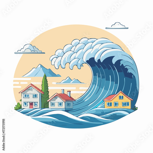 A large tsunami wave crashes over coastal houses and buildings.