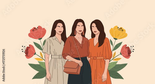 Three Faceless Women in Dresses with Floral Accents Illustration.