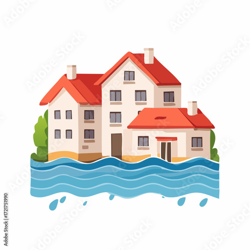Flooded houses with red roofs and blue wavy water.