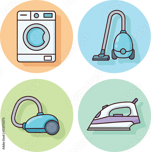Washing machine, vacuum cleaners, and iron arranged on colorful circles representing common household appliances for cleaning and laundry tasks.
