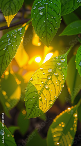 Vibrant green leaves adorned with glistening water droplets, softly illuminated by the warm, golden rays of the morning sun, capturing nature's serene beauty and fresh essence