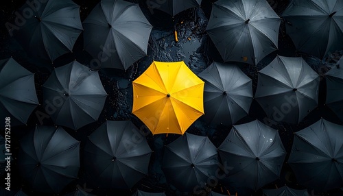High angle view of several open black umbrellas around a single bright yellow umbrella, conveying difference