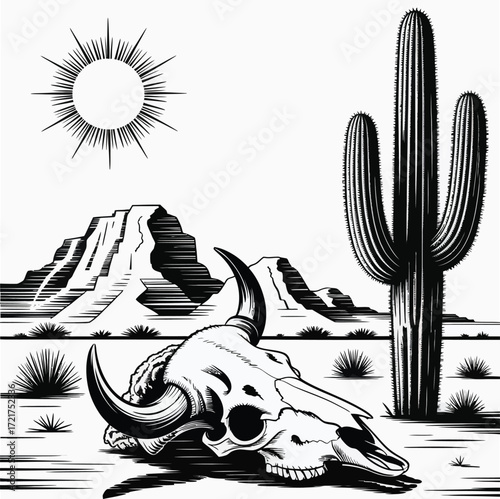 Wild West Desert Vector,  Rustic Arizona Landscape Illustration with Skull and Cactus, Hand Drawn Style, Vintage Poster, Print, Nature Artwork, and Graphic Design Decorative Elements