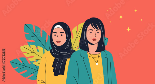 Two stylized women one wearing a hijab stand together amidst tropical leaves.