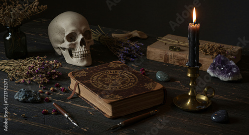 Enigmatic Witchcore Aesthetic: Dark Academia Still Life with Magic Spellbook and Mystical Elements