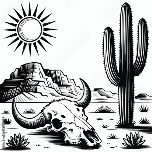 Arizona Desert Illustration,  Hand Drawn Vector Landscape with Skull, Cactus, Rustic Southwestern Style, Wild West Graphics, Vintage Print Design, Nature Art, and Outdoor Adventure Creative Projects