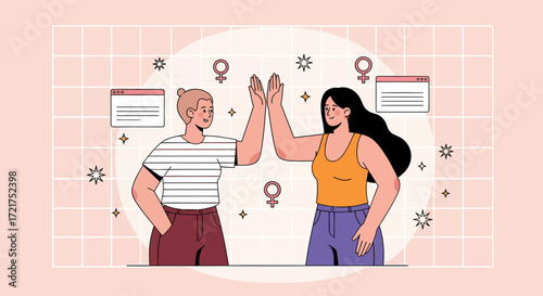 Two Women HighFiving in a Graphic Illustration with Venus Symbols.