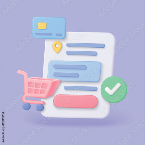 3D checkout process with shopping cart, payment card, location pin, and confirmation checkmark for ecommerce, online shopping, and digital payment user interface vector illustration
