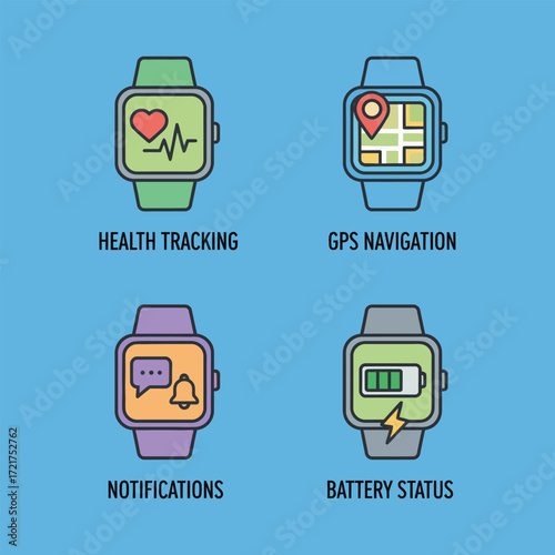 Smartwatches displaying health tracking, gps navigation, notifications, and battery status on blue backdrop showcase modern technology and connectivity.
