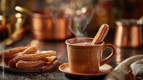 churros. A clay cup of hot chocolate with churros, capturing the warmth of Spanish National Day. menu design, packaging mockups, designed for culinary blogs and recipe cards for restaurants.