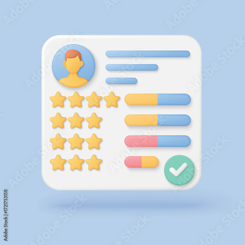 Customer review dashboard with star ratings, profile avatar, progress bars, and check mark for feedback, ideal for business reputation and service evaluation vector illustration