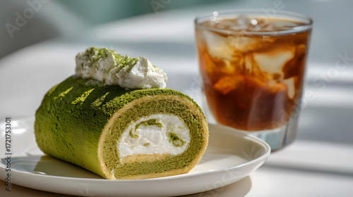 Slice of matcha roll cake with cream filling with iced coffee