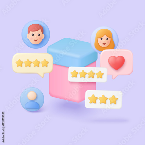 Colorful 3D customer reviews with star ratings, user avatars, and heart icons for feedback, business reputation, and online testimonials concept vector illustration