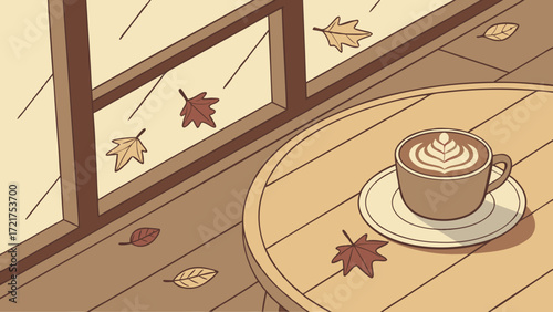 Cozy Autumn Coffee Shop Window View with Latte Art and Falling Leaves Illustration