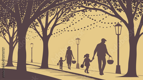 Silhouetted Family of Four Walking Together at Dusk, Carrying Baskets Along a Tree-Lined Path with Warm String Lights and Streetlamps