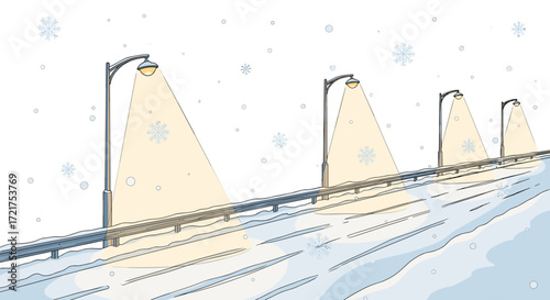 Snowy road with streetlights in minimalist illustration style