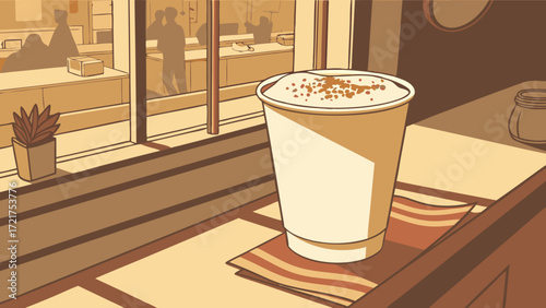 Warm Illustrated Coffee Cup by Window with Urban Office Background; Cozy Morning Beverage in Monochromatic Tones