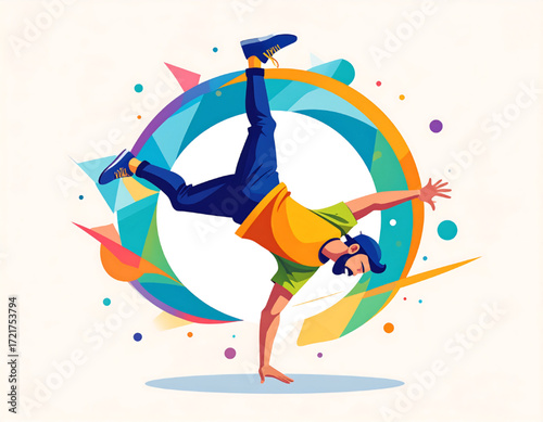 A stylized illustration of a male breakdancer performing a handstand with one leg extended upwards, surrounded by geometric shapes.