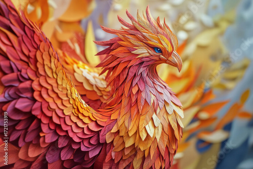A colorful bird with a fiery orange head and wings
