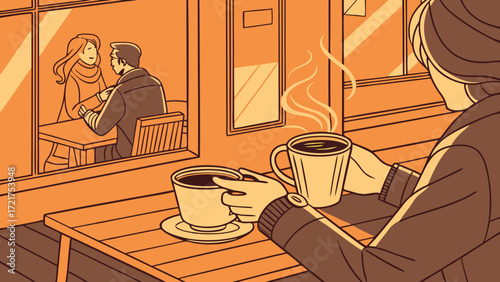 Warm Cafe Scene: Solitary Person Sips Coffee Outdoors, Observing Couple Inside Through Window Illustration