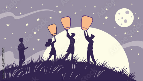 Night Sky Lantern Festival: Silhouettes releasing glowing lanterns under a full moon and stars, symbolizing hope, celebration, and dreams.