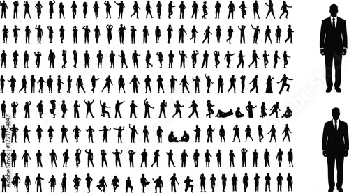 Collection of black silhouette human poses including standing, walking, running, jumping, sitting, lying, and gesturing for posture, animation, and design reference.