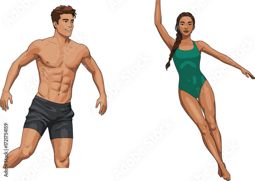 Athletic man and woman in swimwear, muscular physique, fitness pose, beach body, swimsuit modeling, healthy lifestyle, sports, summer, active people