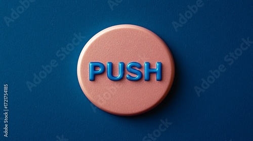 A colorful round button with the word 