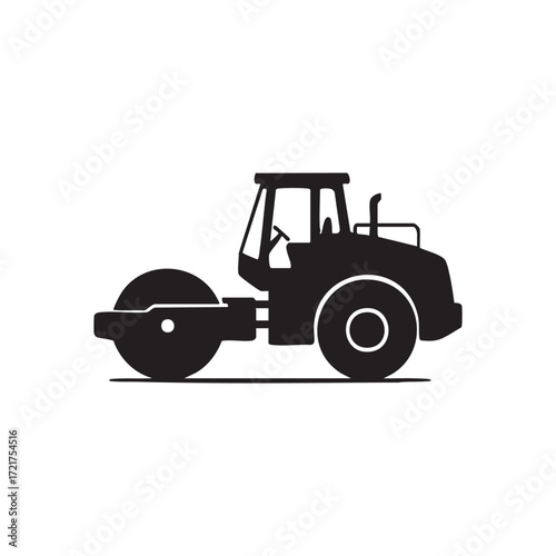 Silhouette of a Road Roller Heavy Equipment for Compacting Asphalt and Soil on Construction Sites