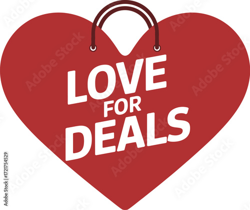 Red heart shaped shopping bag with "Love for Deals" text, symbolizing retail and promotions