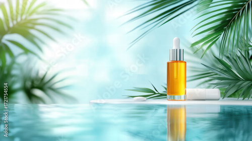 A bottle of lotion is on a table next to a bottle of perfume