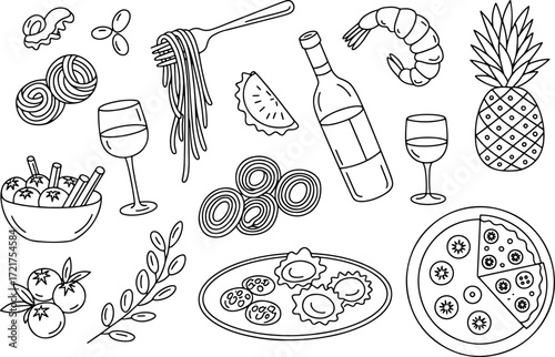 Culinary Delights Outline Illustration Featuring Pasta Pizza Wine and Fresh Ingredients for Food and Restaurant Concepts
