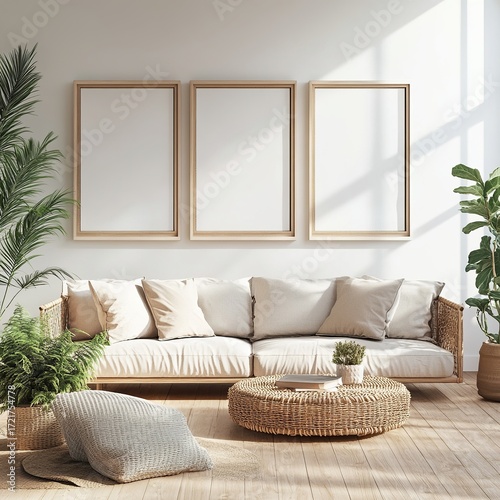 Wallpaper Mural Scandinavian living room mockup with three empty frames and rattan furniture Torontodigital.ca