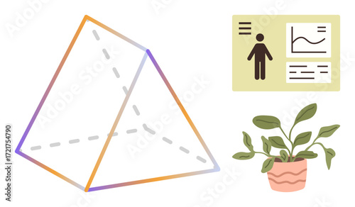 Transparent pyramid with gradient lines, wall chart showing statistics, and decorative houseplant in a pot. Ideal for business, education, creativity, innovation, data, growth learning simple flat