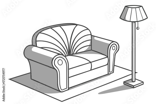 Armchair and Floor Lamp on a Rug in Minimalist Line Art furniture interior