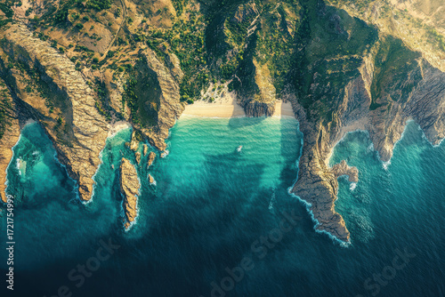 A beautiful blue ocean with a rocky shoreline